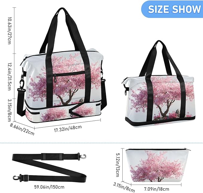Travel Duffel Bags for Women Cherry Blossom Tree on Water Island Sports Duffel Bags Gym Bags with Shoes Compartment Tote Bag Weekender Bag for Travelling