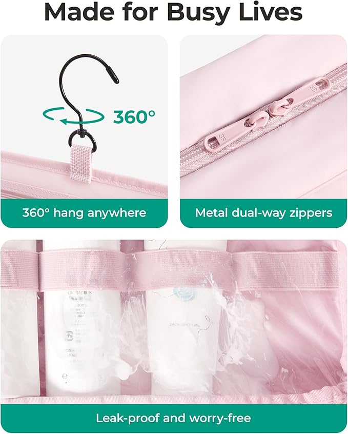 BAGSMART Travel Toiletry Bag for women, Portable Hanging Hook Makeup Bag Organizer, Waterproof Makeup Cosmetic Bag, for Full-Size Accessories, Toiletries, Pink
