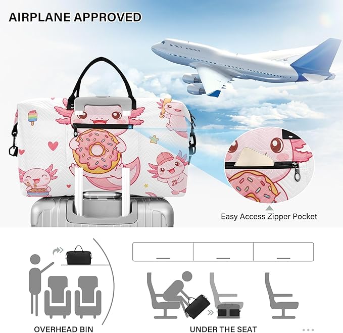 Travel Duffle Bag, Cute Axolotl Donut Gym Bag with Storage Bag Weekender Overnight Bag for Men Women Trip Sports Yoga