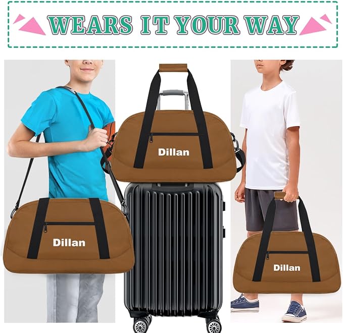 Personalize Kids Duffel Bag for Boys, Custom Name Text Sports Gym Bag Overnight Travel Weekender Bag Lightweight Carry On Sleepovers Bag for School Practice Gymnastics
