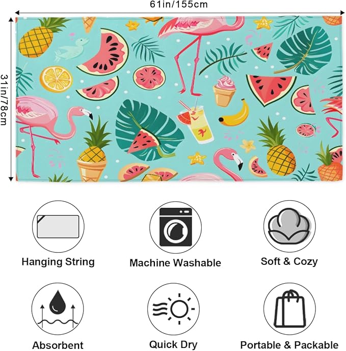 Flamingo Summer Fruit Beach Towel, Large Microfiber Quick Dry Lightweight Pool Bath Towels Sand Free Beach Blanket for Summer Cruise Yoga Camping Travel Vacation Essentials 31 x 61 in