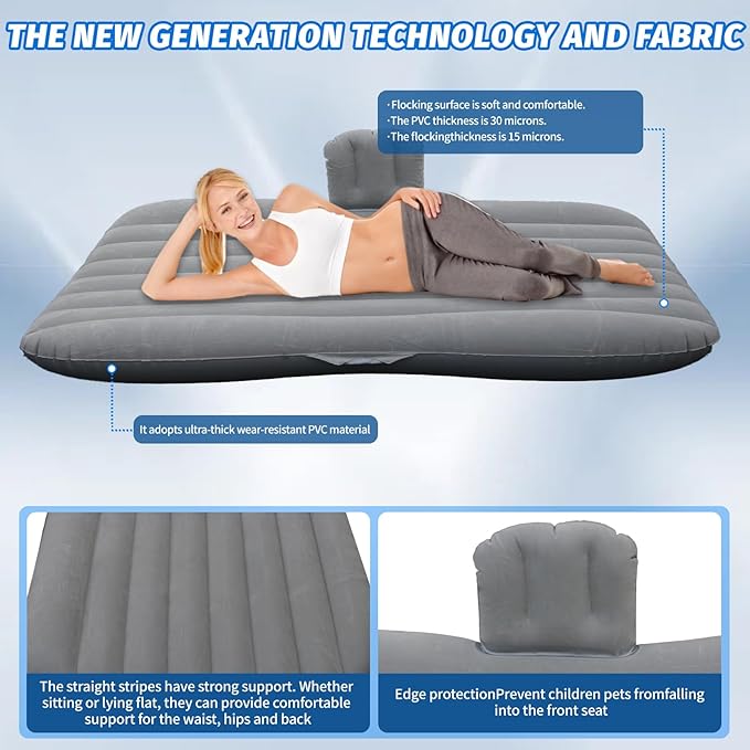 Inflatable Car Air Mattress Back Seat Bed with Air Pump,55 "x 35" Portable Thickened Car Travel Camping Sleeping Air Mattress Blow Up Bed for Car Universal SUV