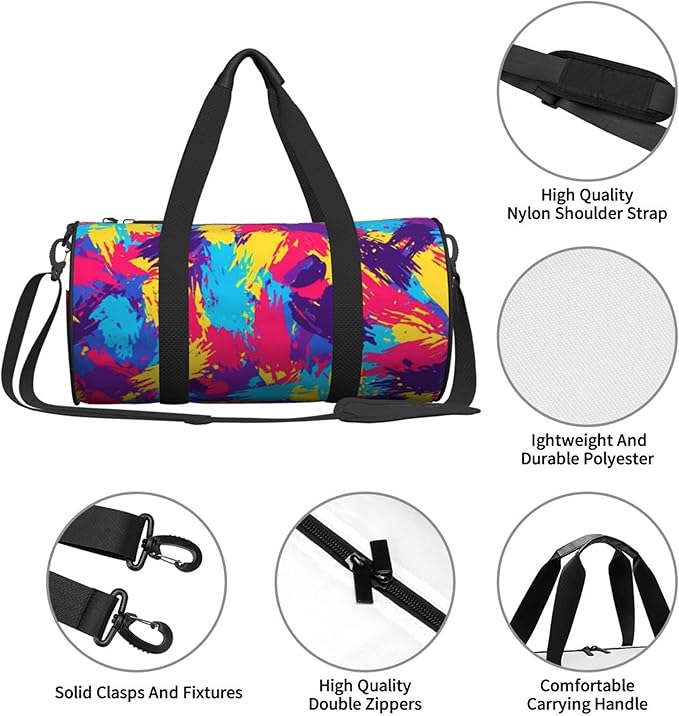 Small Gym Bag for Women, Waterproof Sports Workout Bags Travel Duffel Bag Carry on Weekender Bags Colorful Splatter Print for Dance Swimming, Yoga, Fitness
