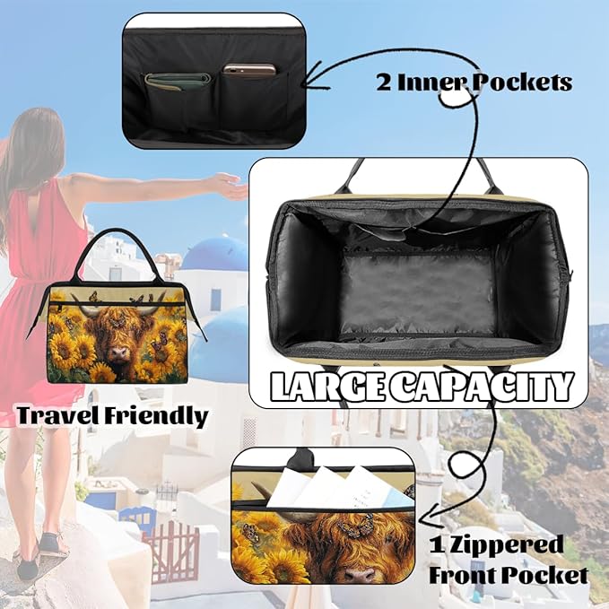 Sunflower Cow Butterfly Travel Duffel Bag, Waterproof Sports Gym Duffle Bag, Large Capacity Weekender Carry On Overnight Bags for Women Men