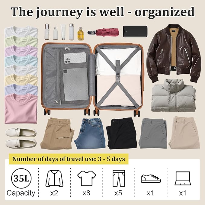 imiomo Carry on Luggage Airline Approved with Front Pocket and USB Port, Hard Shell 20 Inch Travel Carry-on Suitcase with Spinner Wheels and TSA Lock, White Brown