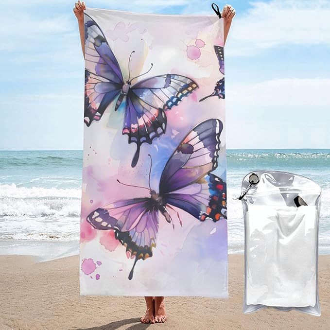 Watercolor Butterflies Sand Free Beach Towel – 31.5"X63" Quick Dry Microfiber Beach Towels For Travel, Swimming, Pool, And Camping, Absorbent And Compact Beach Essential For Women, And Men
