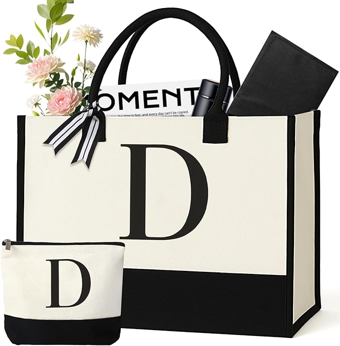Personalized Canvas Tote Bag for Women Makeup Pouch Initial Beach Bag Removable Bottom Board for Travel Birthday