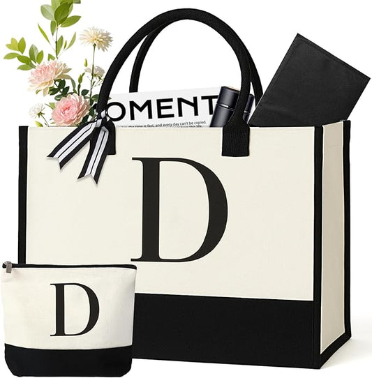 Personalized Canvas Tote Bag for Women Makeup Pouch Initial Beach Bag Removable Bottom Board for Travel Birthday