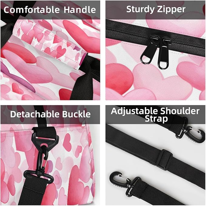 Travel Duffle Bag, Pink Watercolor Heart Pattern Waterproof Weekender Overnight Bags for Women Men Lightweight Carry on Duffle Gym Bag for Travel, Sports, Fitness, Workout