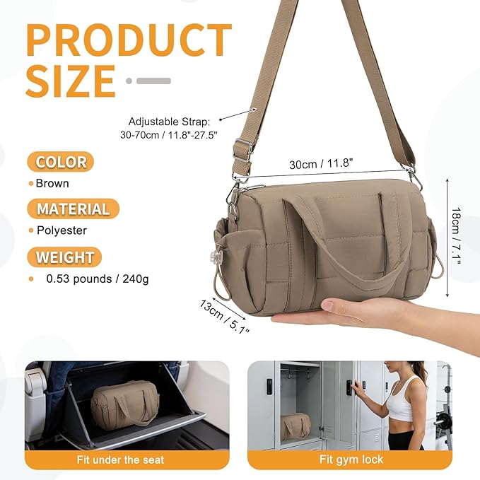8L Mini Gym Bag for Women, Small Size Sport Duffel Bag for Yoga Dance Swimming, Water-Resistant Compact Workout Bag with Adjustable Strap, Brown