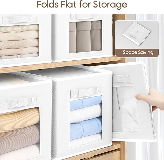 Storage Cube 11 Inch - Cube Storage Bins with Window, Closet Storage Baskets with Handle, Fabric Bins for Closet, Shelves, Toys, Clothes, Set of 16, White