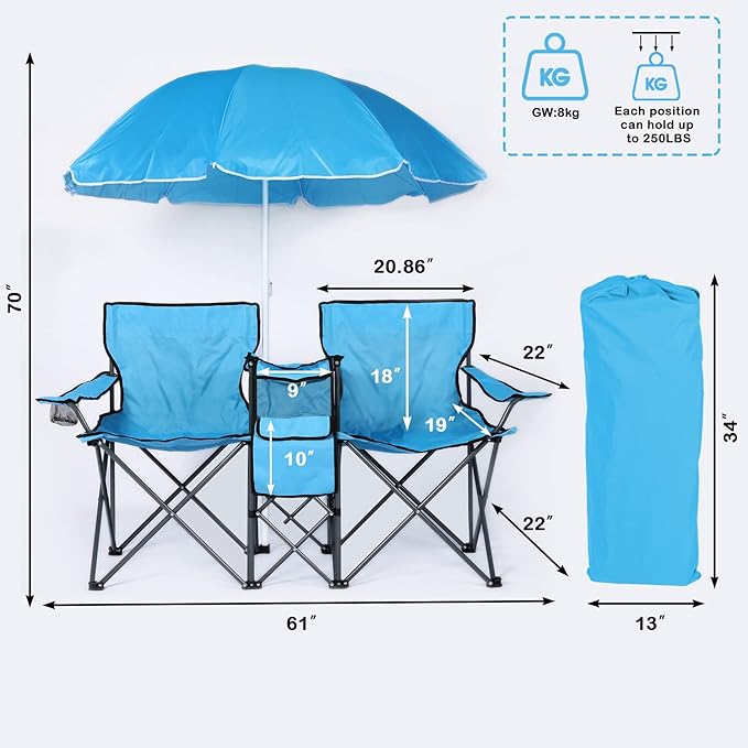 LAZZO Double Folding Camping Chairs, Portable Picnic Camping Chairs w/Umbrella Mini Beverage Holder Carrying Cooler Bag, Outdoor Picnic Double Folding loveseat Camp Chairs for Beach Patio Pool Park