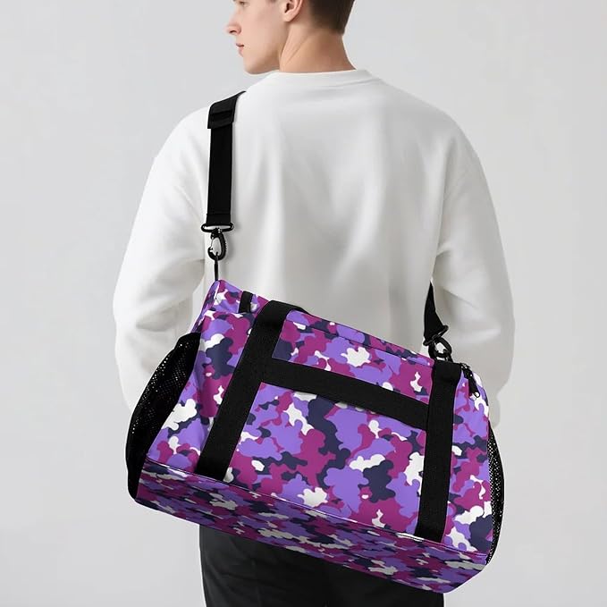 Handheld Crossbody Multifunctional Travel Bags, Personalized Duffle Bags, Camouflage Purple Fuchsia Camo Pattern Luggage Bag, Custom Weekender Overnight Bags