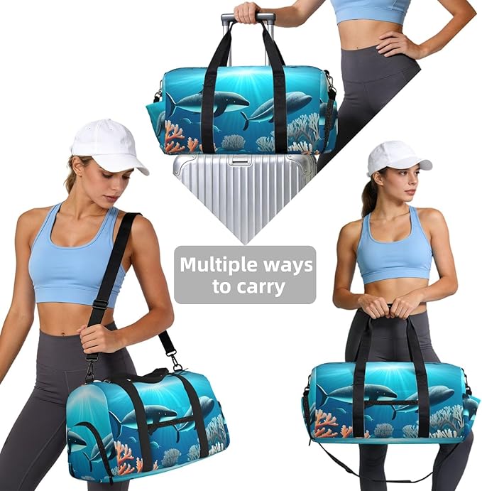 Whales under the sea Print Gym Bag with Shoe Compartment for Women Men, 17.7in Sports Duffle Weekender Tote, Overnight Travel Duffel Bag Carry On