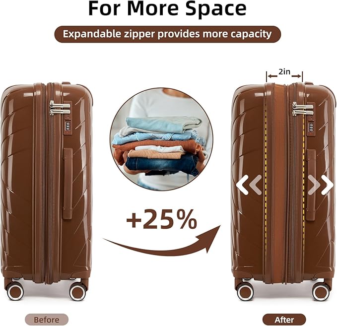 6 Piece Luggage Set Carry on Suitcase with Spinner Wheels, Expandable Hardshell Luggage PP Lightweight Suitcase Set for Women(32/28/24/20in Mocha)