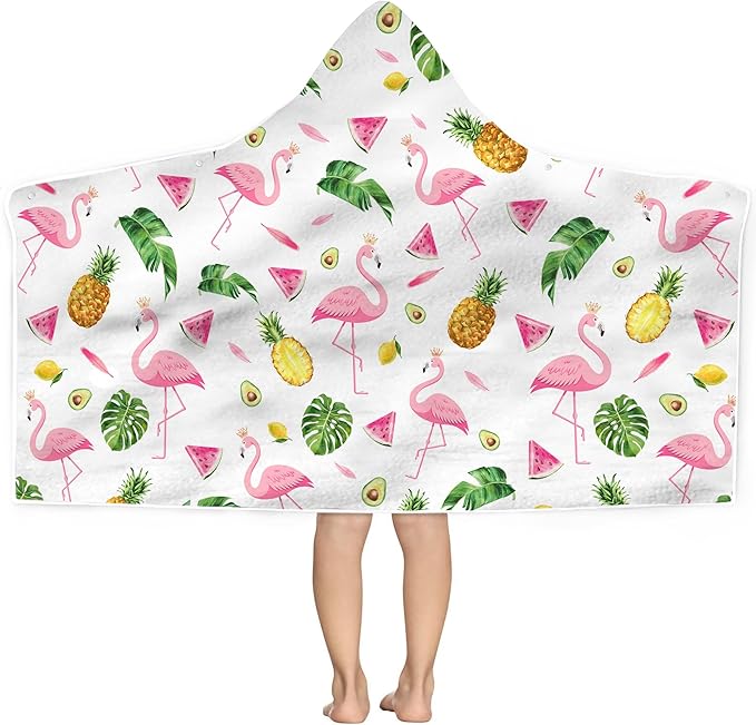 Bonsai Tree Summer Pink Flamingo Bright Hooded Beach Towel, Flamingo Lover Kids Poncho Towel for Boys Girls, Quick Dry 30''x50” Bath Towel for Pool Swiming Boys Gifts