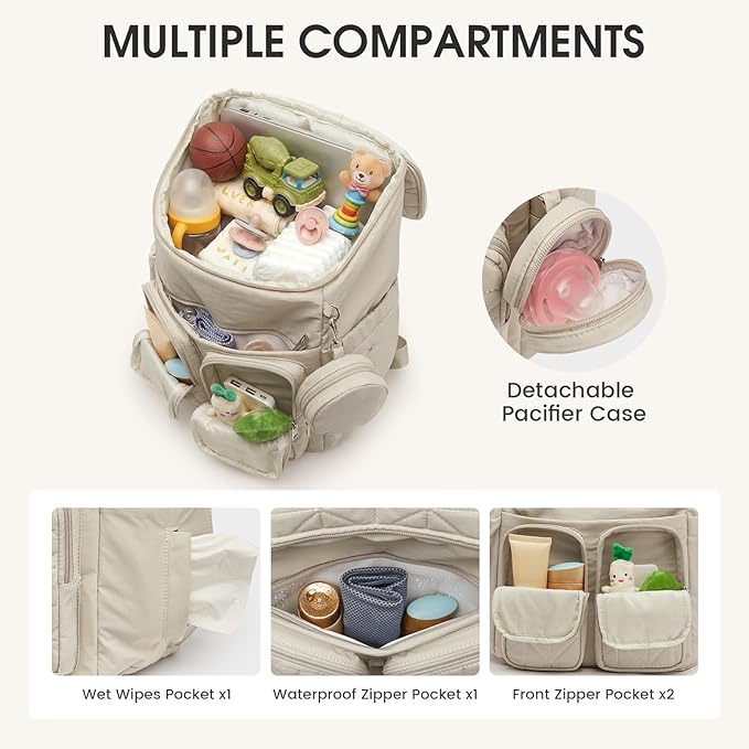 G4Free Diaper Bag Backpack for Moms Dads Travel Baby Bag with Pacifier Case & Insulated Pockets,Beige