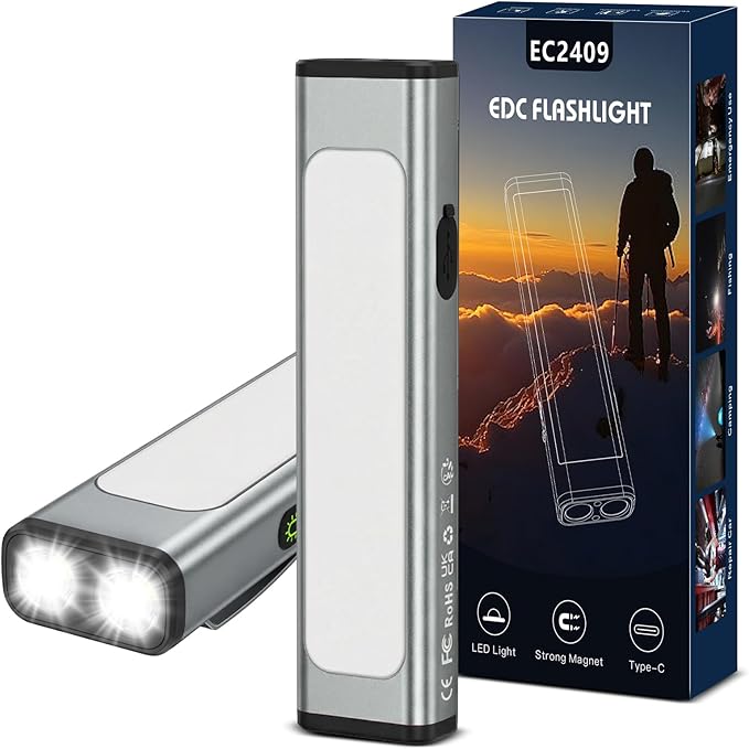 Pocket Flashlight, 1200 Lumens Rechargeable EDC Flashlight with Clip, USB-C Port, 3 Modes Waterproof Warning Light for Working, Camping, Repairing, Emergencies (Grey, 1PCS)