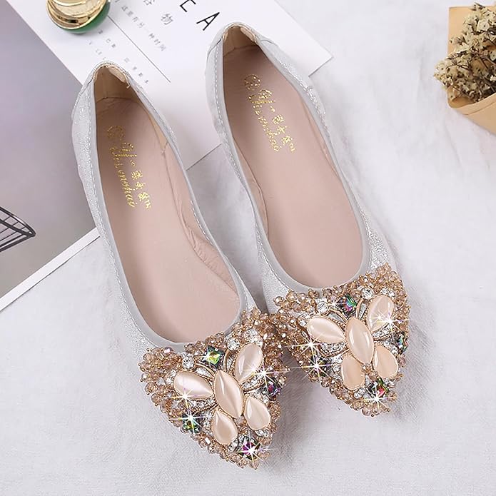 Women Ballet Flats Sparkly Rhinestone Wedding Ballerina Shoes Pointed Toe Foldable Comfort Slip on Flat Dress Shoes