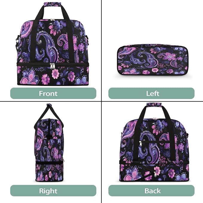 Purple Pink Abstract Paisley Large Weekender Bag with Shoe Compartment Travel Duffel Bags for Women Carry On Hospital Overnight Bag Foldable Personal Item Travel Bags Tote Gym Sports Airplanes