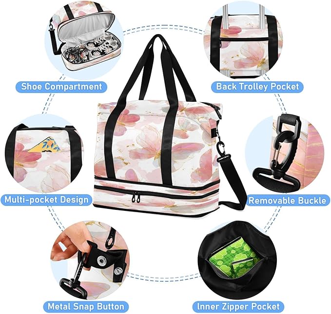 Travel Duffel Bags for Women Pink Butterfly Sports Duffel Bags Gym Bags with Shoes Compartment Tote Bag Weekender Bag for Travelling