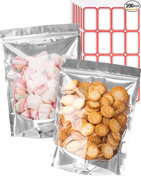 Gwybkq 6x9 Inch Stand-Up Mylar Bags (200pcs) - Resealable Smell-Proof Food Storage with Clear Window, for Snacks/Candy/Coffee Beans, Small Business & Gifting