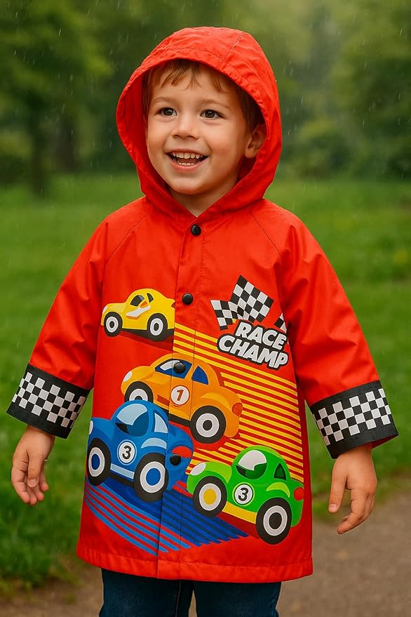 Puddle Play Kids Waterproof Hooded Rain Slicker – Lightweight Outwear Jacket in Fun Designs, Sizes 2-9 Years