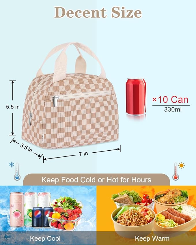 Cute Lunch Box Tote Bag - Corduroy Insulated Cooler Bags for Women - Lightweight Reusable Portable Soft Lunch Pail Kit for Kids Teen Girl Adults Work School Picnic Travel Checkered Brown 8L