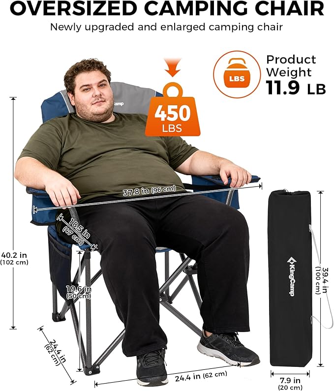 KingCamp Oversized Camping Folding Chair, Heavy Duty 450 LBS with Lumbar Support, Padded seat with Cup Holder&Cooler Bag, Ideal for Camp, Fishing, Sports Event, Backyard, Patio, Lawn(Blue/MediumGrey)