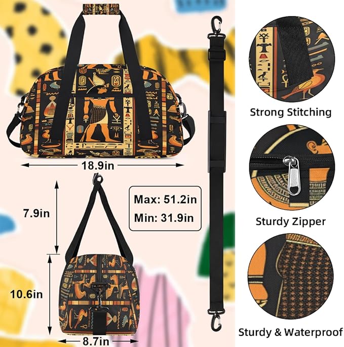 Travel Duffle Bag, Egyptian Hieroglyphs Waterproof Weekender Overnight Bags for Women Men Lightweight Carry on Duffle Gym Bag for Travel, Sports, Fitness, Workout
