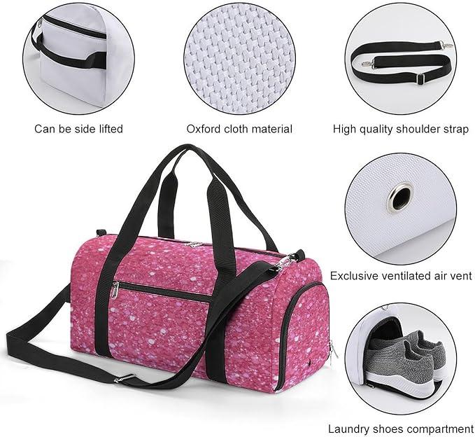 Sparkling Pink Glitter Gym Bag Lightweight ，Travel Duffle Bag with Shoe Compartment，Gym Bag for Women for Overnight, Weekend, Yoga, Gym, Business Trips, Sport And Hospital.