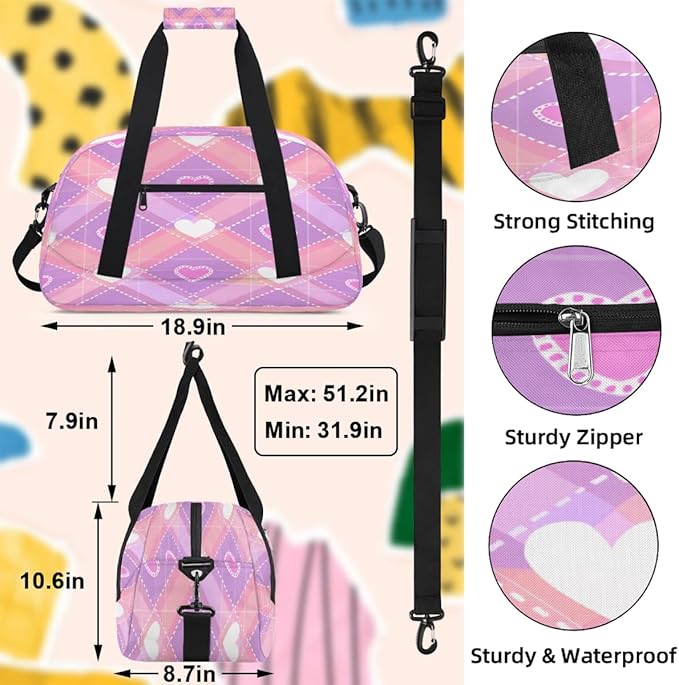 Gym Bag for Women Men, Pink Heart Diamond Travel Duffle Bags for Dance Ballet Overnight, Carry-On Weekender Bag with Detachable Shoulder Strap