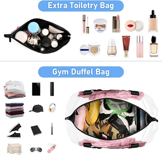 Travel Duffel Bags for Women Cute Cat with Pink Towel & Hair Dryer Sports Duffel Bags Gym Bags with Shoes Compartment Tote Bag Weekender Bag for Travelling
