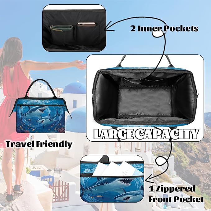 Underwater Shark Travel Duffel Bag, Waterproof Sports Gym Duffle Bag, Large Capacity Weekender Carry On Overnight Bags for Women Men