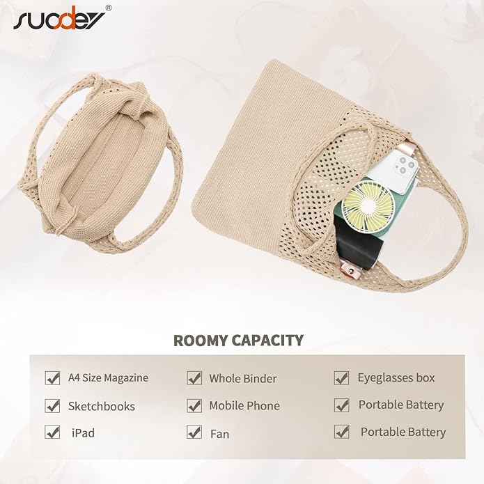 Beach Tote Bag for Women, Crochet Boho Aesthetic Mesh Shoulder Summer Vacation