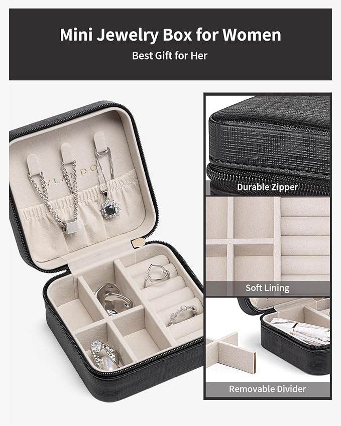 VLANDO Travel Jewelry Case - Teacher Appreciation Gifts for Women - Small Jewelry Travel Organizer Box Travel Essentials Gift for Teen Girl Women - Black
