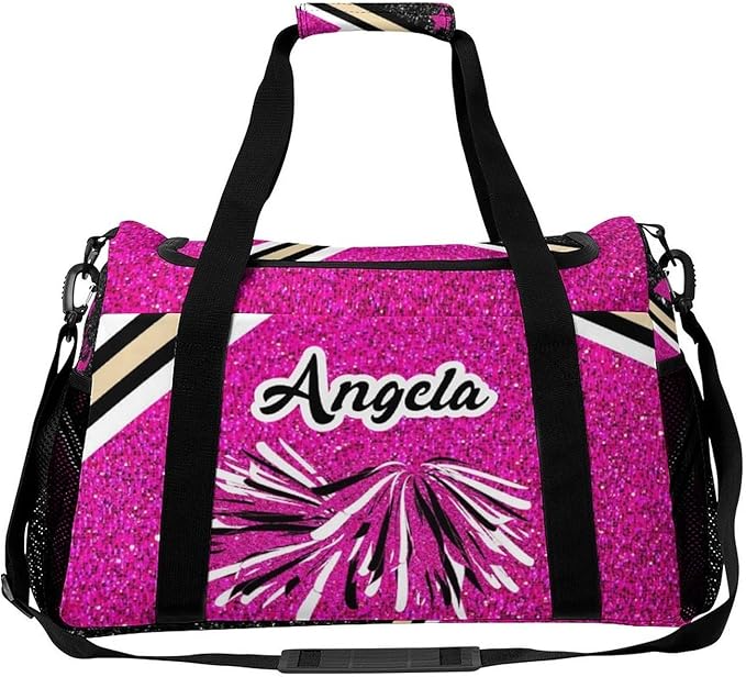 Personalized Cheer Fuchsia Pink Glitter Print Duffle Bags (Can Store Shoes) with Name for Women Man Custom Detachable Shoulder Strap Packs