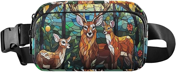 Stained Glass Printed Forest Dear Fanny Pack for Women Men Water Resistant Fashion Waist Packs with Adjustable Strap Belt Bag for Travel Workout Jogging Hiking 21219626