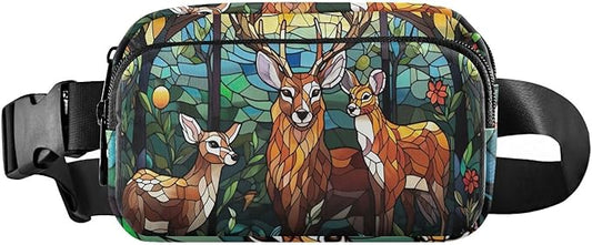 Stained Glass Printed Forest Dear Fanny Pack for Women Men Water Resistant Fashion Waist Packs with Adjustable Strap Belt Bag for Travel Workout Jogging Hiking 21219626