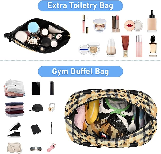 Gym Bag Duffel Bags Checkered Leopard Print Carry On Weekender Bag Set with Shoes Compartment for Travel Sports Yoga