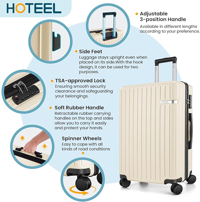 Hoteel 5 Piece Luggage Set (4-YEAR WARRANTY) ABS+PC Hardshell Carry on Suitcase with Spinner Wheels & TSA Lock for Men Women, Rolling Suit Case for Plane, Travel, Business, Off-White (20/24/28/DB/TB)
