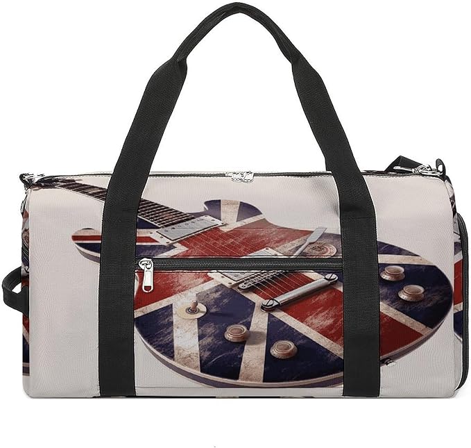 Oxford Cloth Guitar British Flag Gym Bag,Duffle Bag with Shoes Compartment And Adjustable Shoulder Straps，Weekender Bags for Men Women.