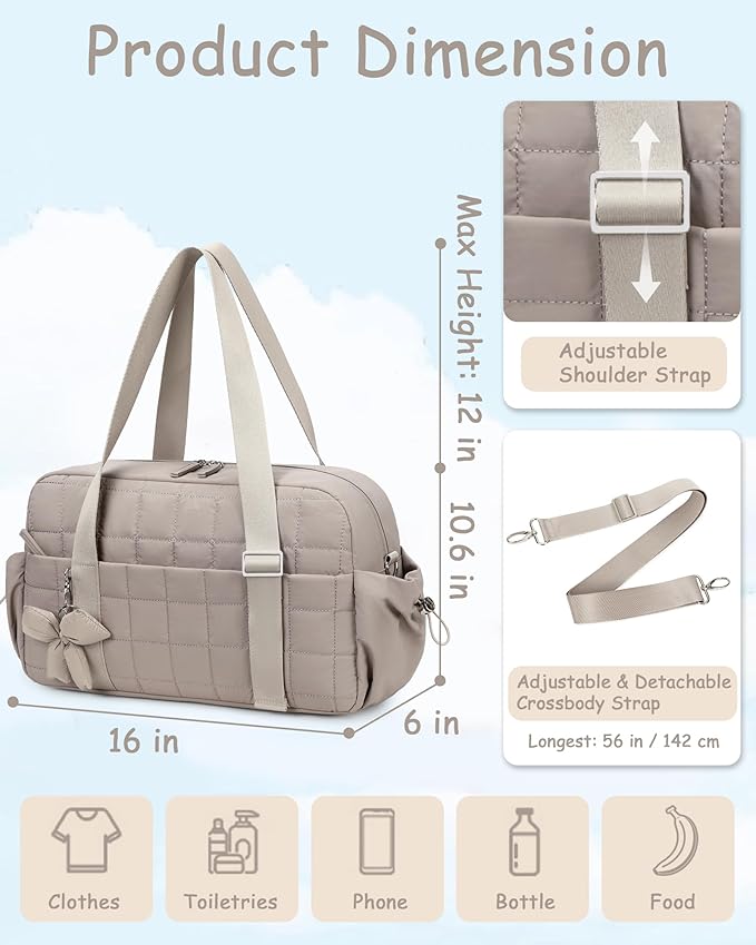 CAMTOP Mini Gym Bag for Women, Small Gym Tote Bag Puffy Quilted Sports Duffel Bag with Wet Compartment and Coin Purse Duffel Bags Dance Yoga Workout Bag for Gifts (Camel-16in, Medium-16")
