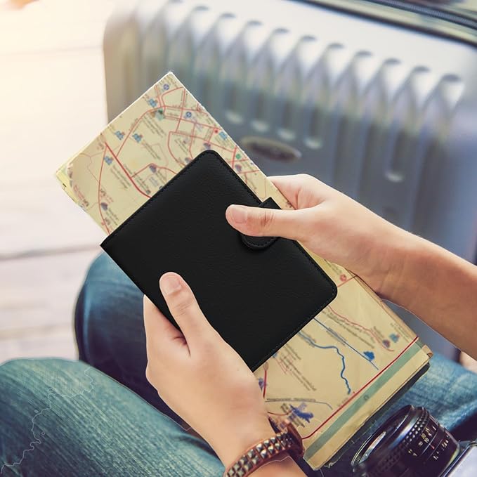 HOTCOOL Passport Holder Travel Essentials Airplane & Cruise Essentials Ship Leather Wallet Cover Case RFID Blocking Women & Men Vacation Travel Accessories Gifts Deals, Litchi - Black