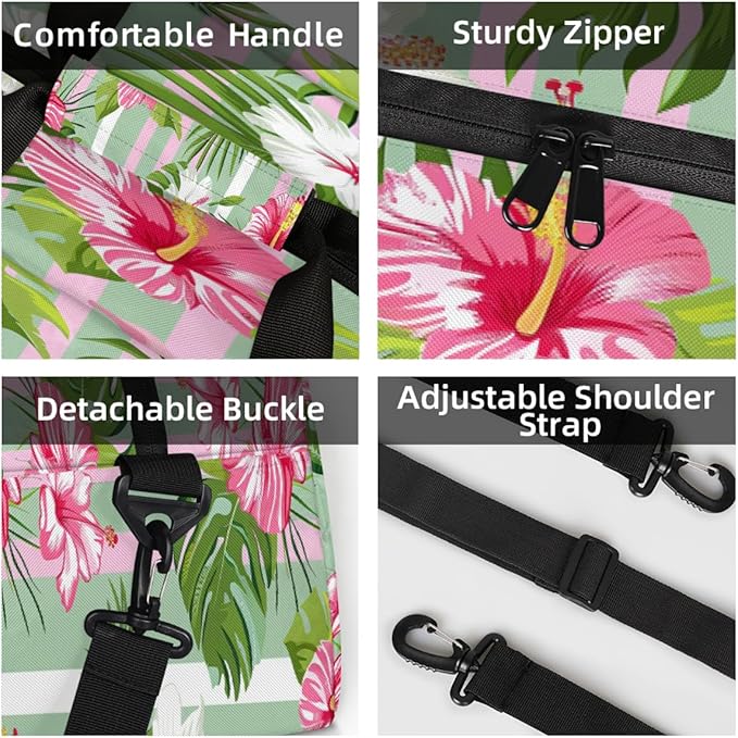 Duffle Bag for Women Men, Pink Green Stripe Flowers Gym Bag for Travel Sports, Lightweight Waterproof Weekender Overnight Bags with Adjustable Strap
