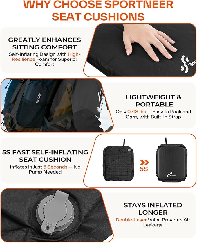 Sportneer Stadium Seat Cushion: Self-Inflating 2" High Rebound Foam Seat Pad for Airplane Travel Stadiums Bleachers Camping Hiking, 0.48lbs, Lightweight and Portable