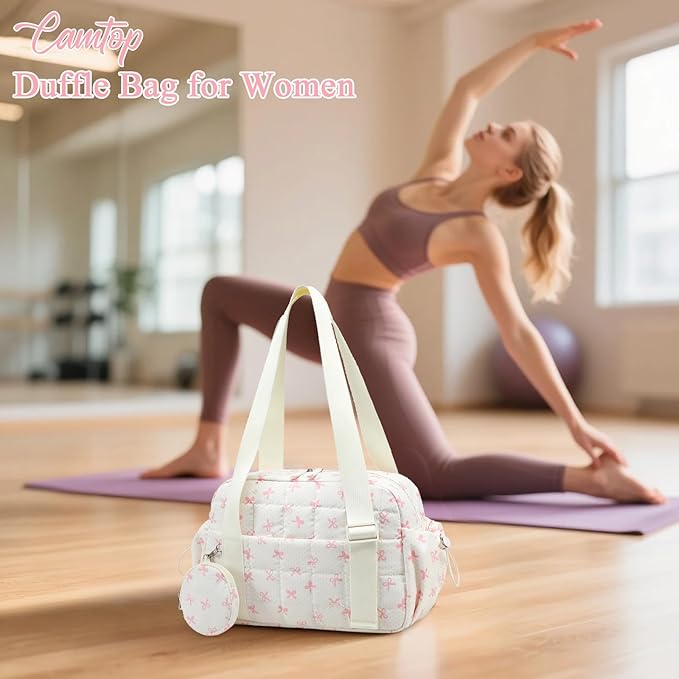 CAMTOP Mini Gym Bag for Women, Small Gym Tote Bag Puffy Quilted Sports Duffel Bag with Wet Compartment and Coin Purse Duffel Bags Dance Yoga Workout Bag for Gifts (Beige Pink Bow, Mini-12.6")