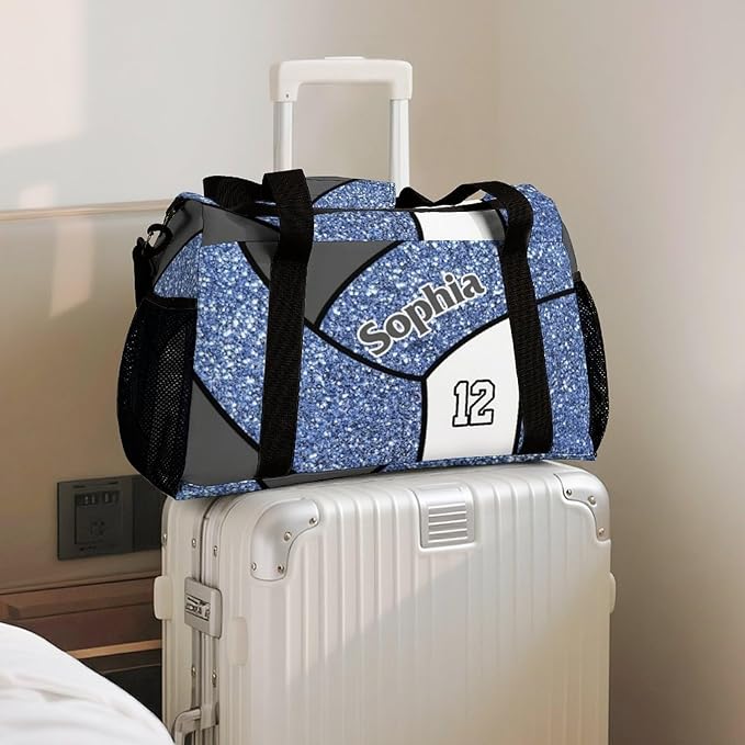 Custom Blue Volleyball Duffel Bag with Name Personalized Travel Bags Sport Gym Bag Carry On Weekender Bags for Men Women