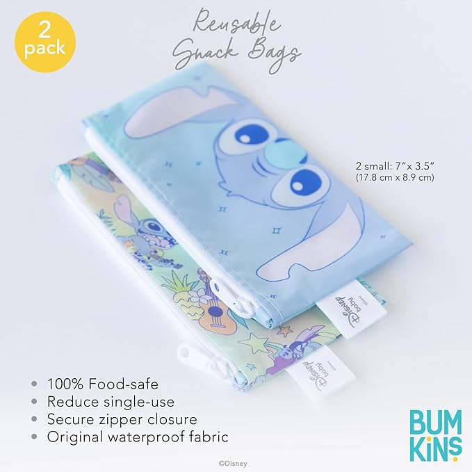 Bumkins Reusable Snack Bags, for Kids School Lunch and for Adults Portion, Washable Fabric, Waterproof Cloth Zip Bag, Supplies Travel Pouch, Food-Safe Storage, 2-pk Disney Stitch