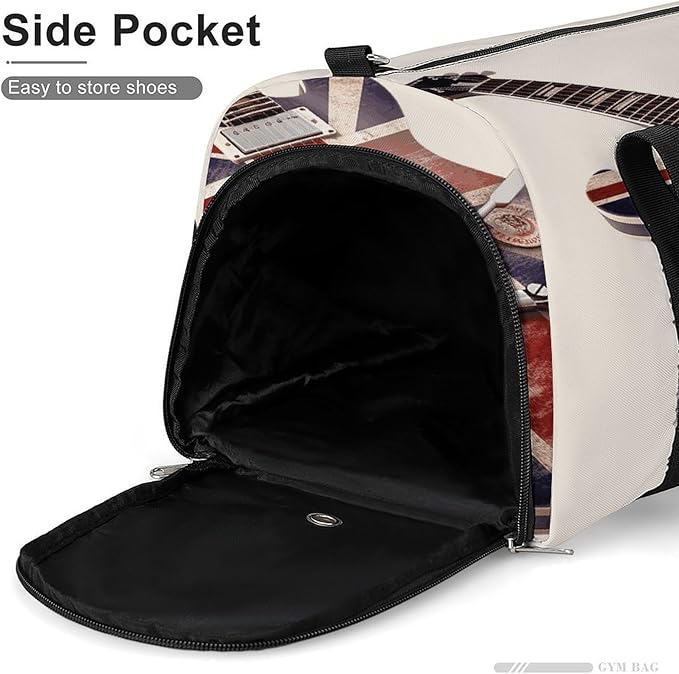 Oxford Cloth Guitar British Flag Gym Bag,Duffle Bag with Shoes Compartment And Adjustable Shoulder Straps，Weekender Bags for Men Women.